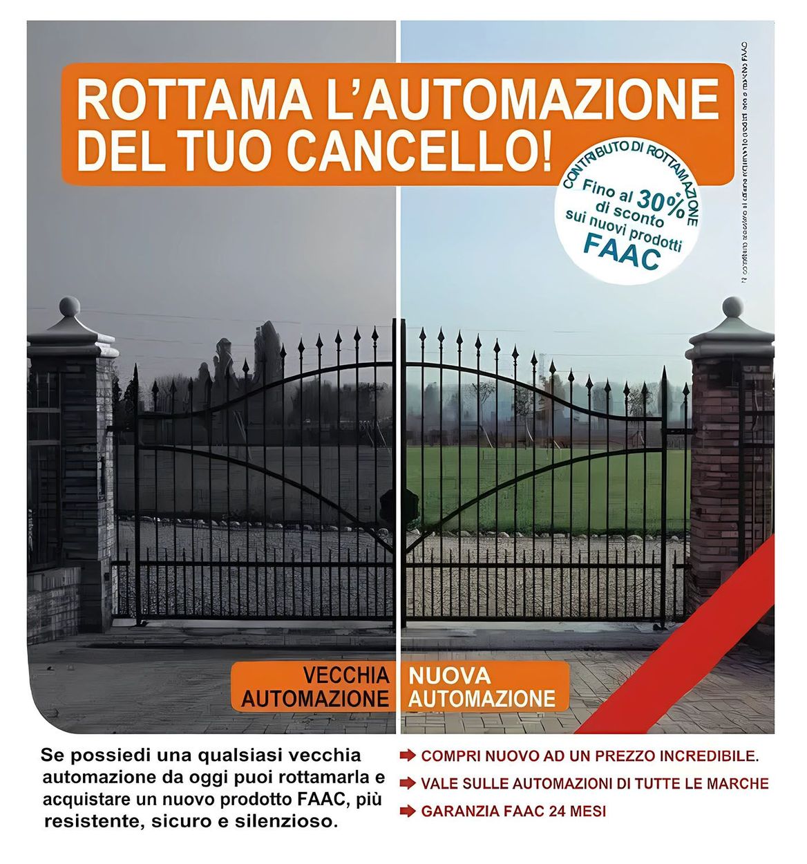 A picture of a gate with the words rottama l' automazione del tuo cancello