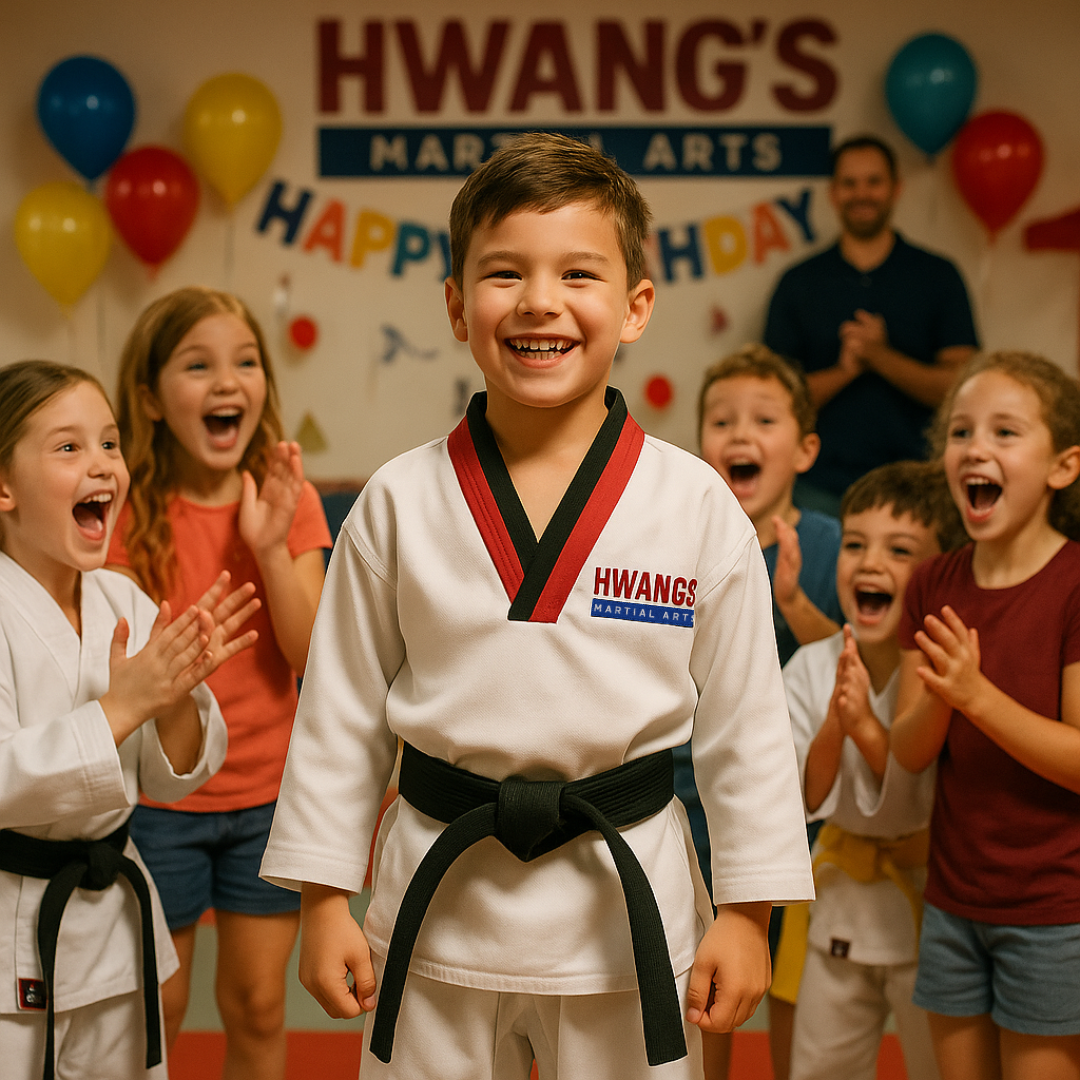 A young boy is wearing a white karate uniform and a purple belt.