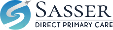 A sasser direct primary care logo with a blue circle and a white s on a white background.