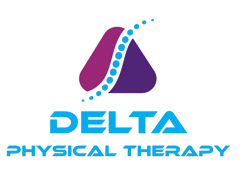 The delta physical therapy logo is purple and blue with a triangle and a spine.