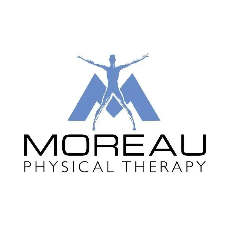 The logo for moreau physical therapy shows a man with his arms outstretched.