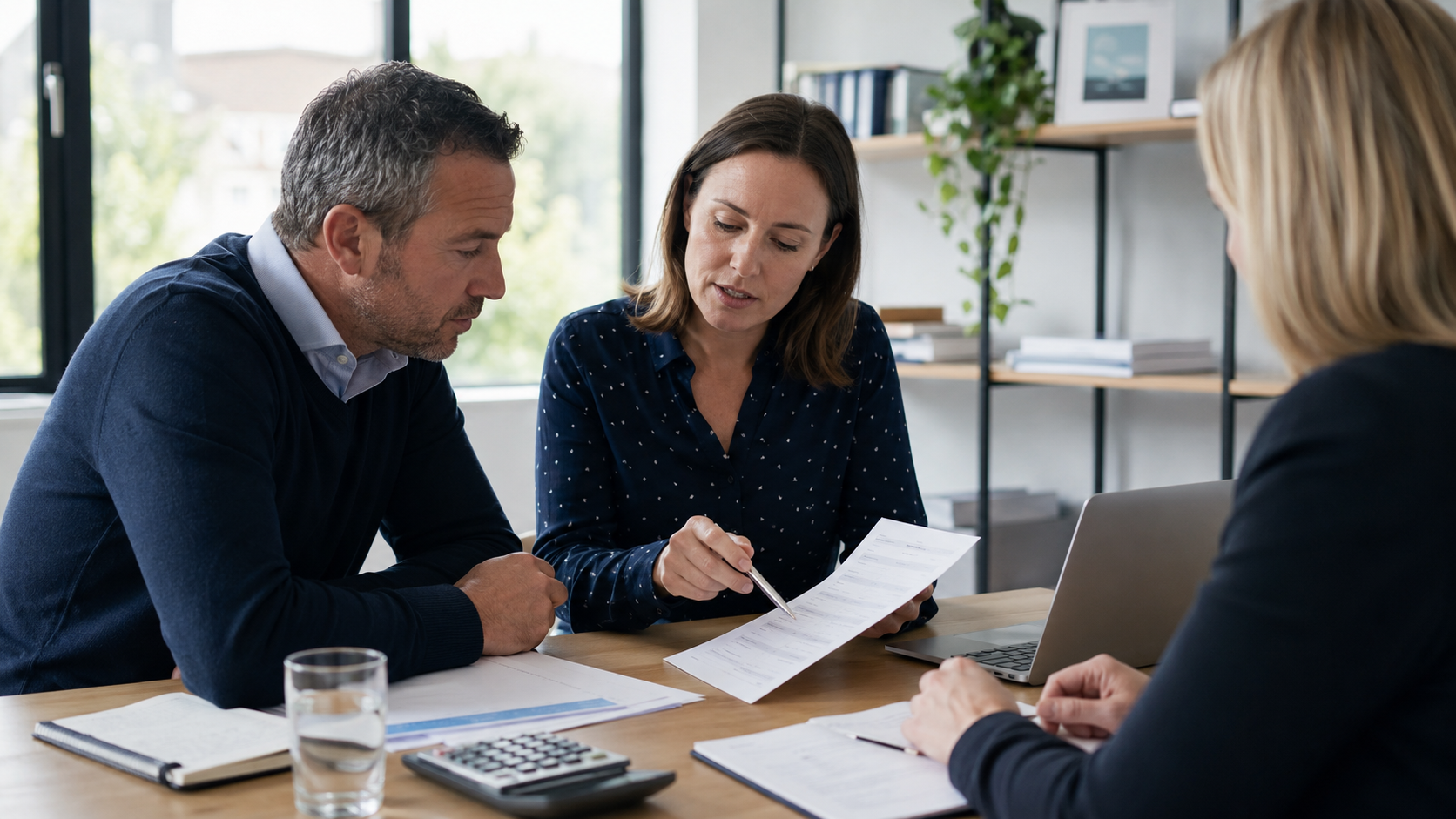 Director reviewing pension contribution documents with an adviser.
