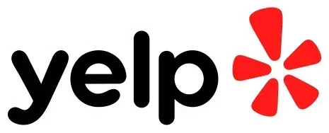 A Yelp logo with a red star on a white background