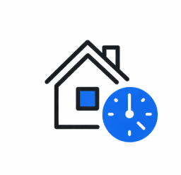 House with clock icon; blue accents, representing home time or scheduling.