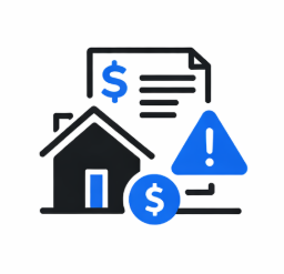 Black house with document, dollar sign, and exclamation mark, suggesting mortgage warning.