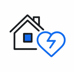 House icon next to a broken heart icon, both in blue and black.