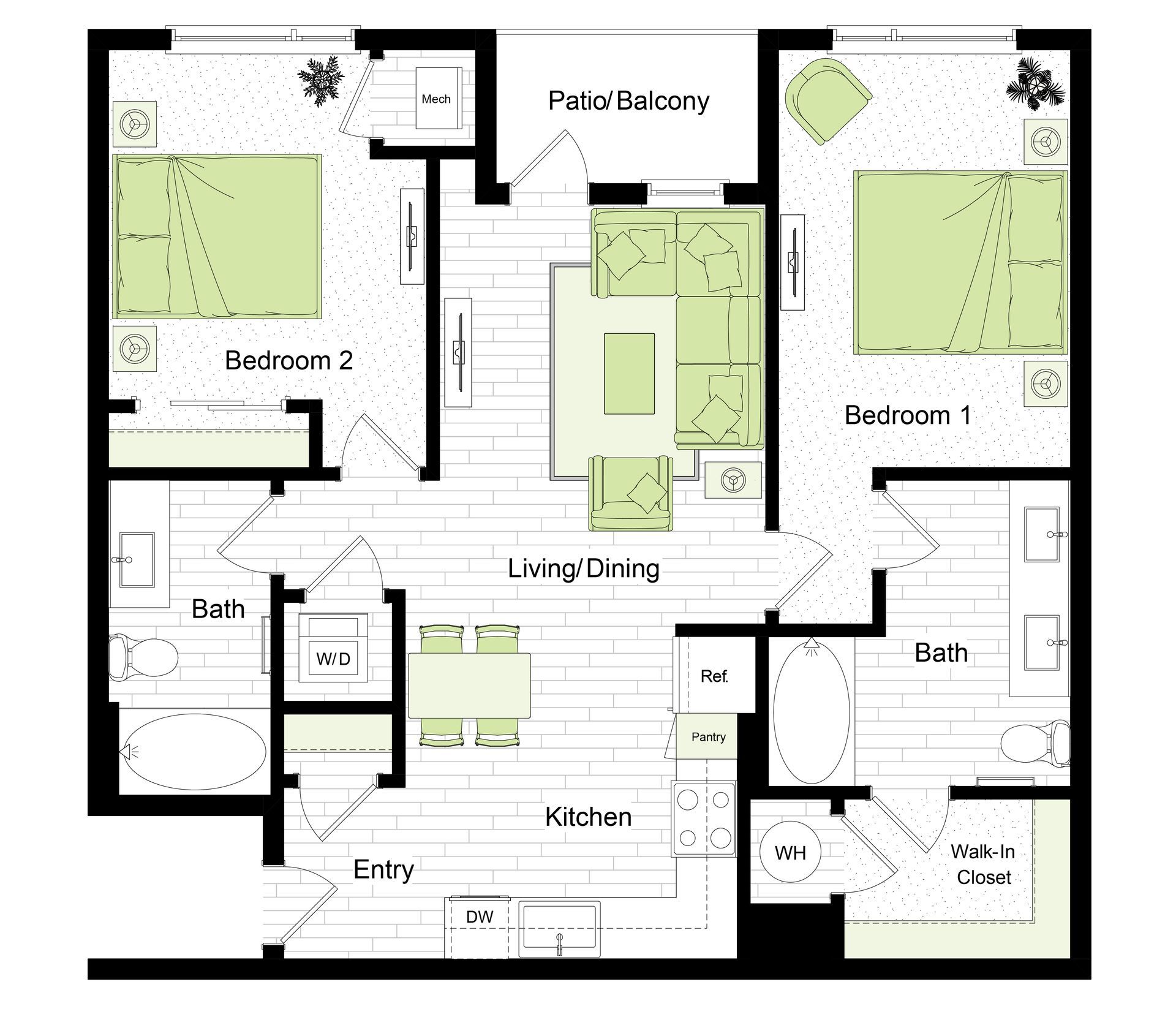 Floor plan of a two-bedroom apartment with a living area, kitchen, two bathrooms, and a balcony.