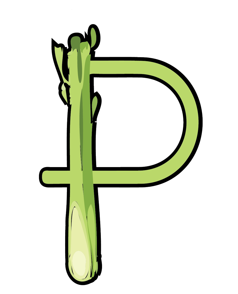 The capital letter P illustrated to look like a green stalk of asparagus on a white background.