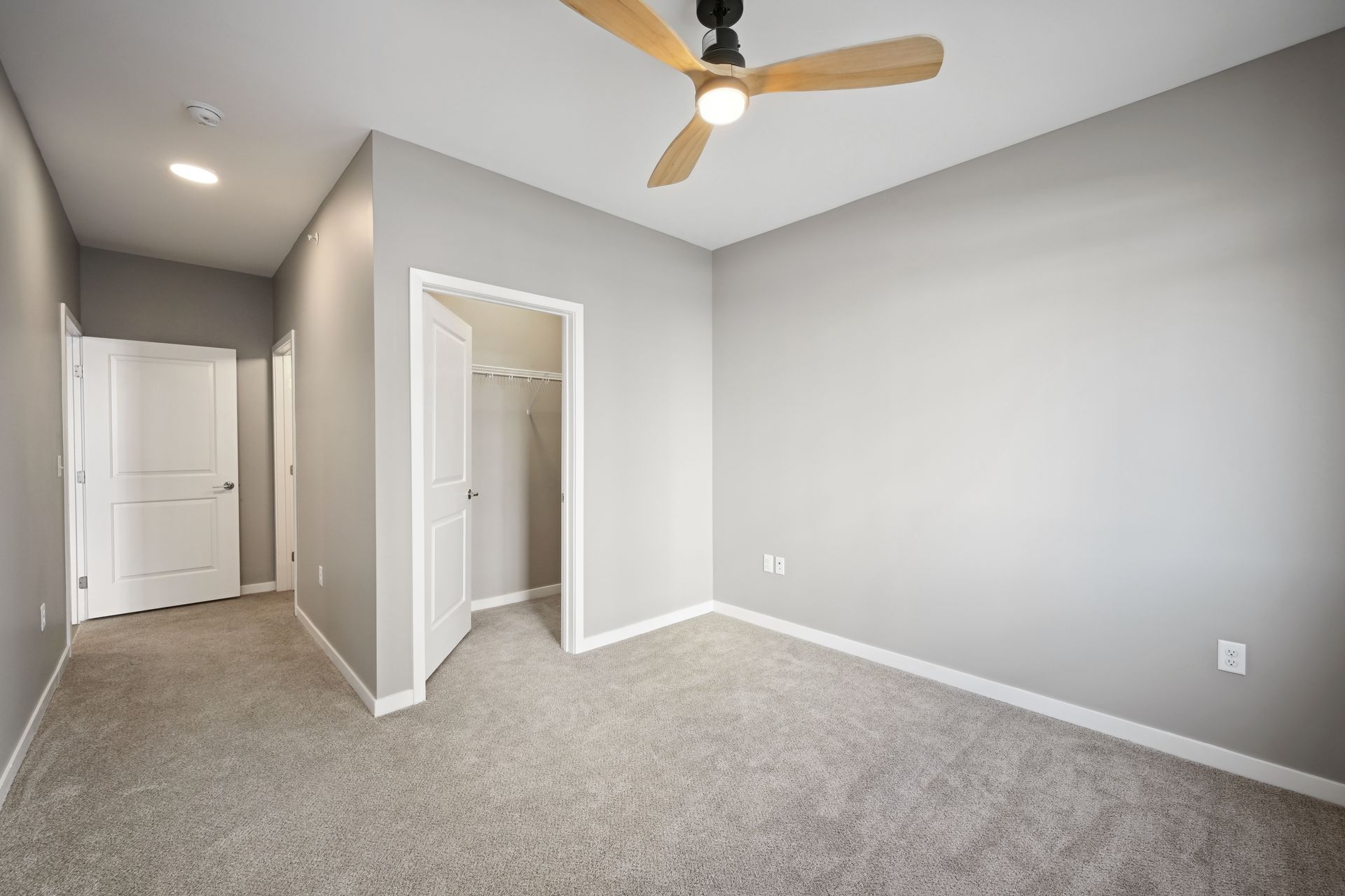 Empty bedroom with gray walls, beige carpet, a ceiling fan, and doors leading to a hallway and closet.