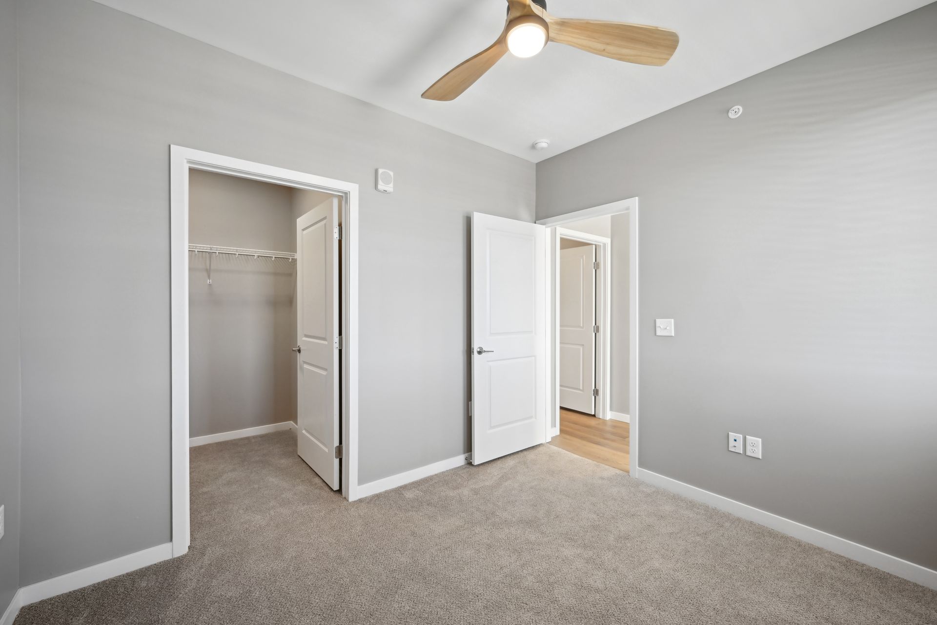 A bedroom interior with grey walls, beige carpeting, a ceiling fan, and open doorways to a closet and hallway.