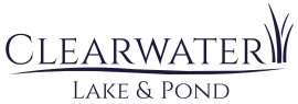 Logo for Clearwater Lake & Pond. Text is in a dark blue. Features water and plants.