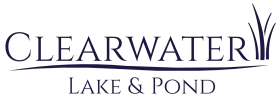Logo for Clearwater Lake & Pond. Text is in a dark blue. Features water and plants.