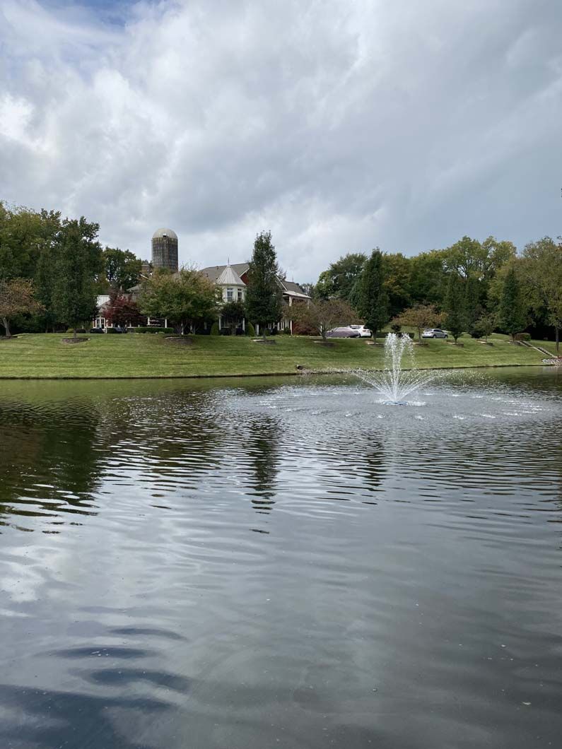 Pond with fountain, reflecting cloudy sky. Trees and buildings in background.
