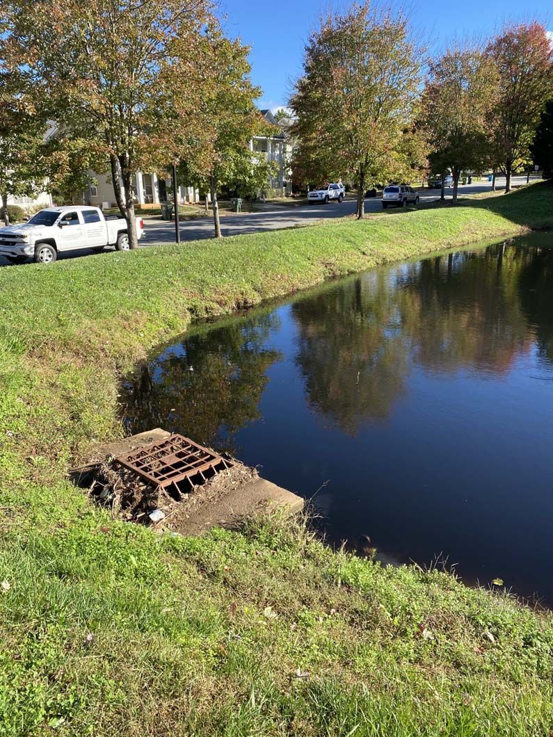 Grassy bank and pond, with a drain and trees in autumn. White truck parked on street.