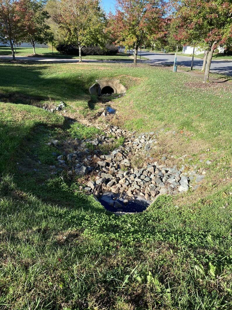 Grassy area with a culvert carrying water under a pathway, surrounded by rocks and trees.