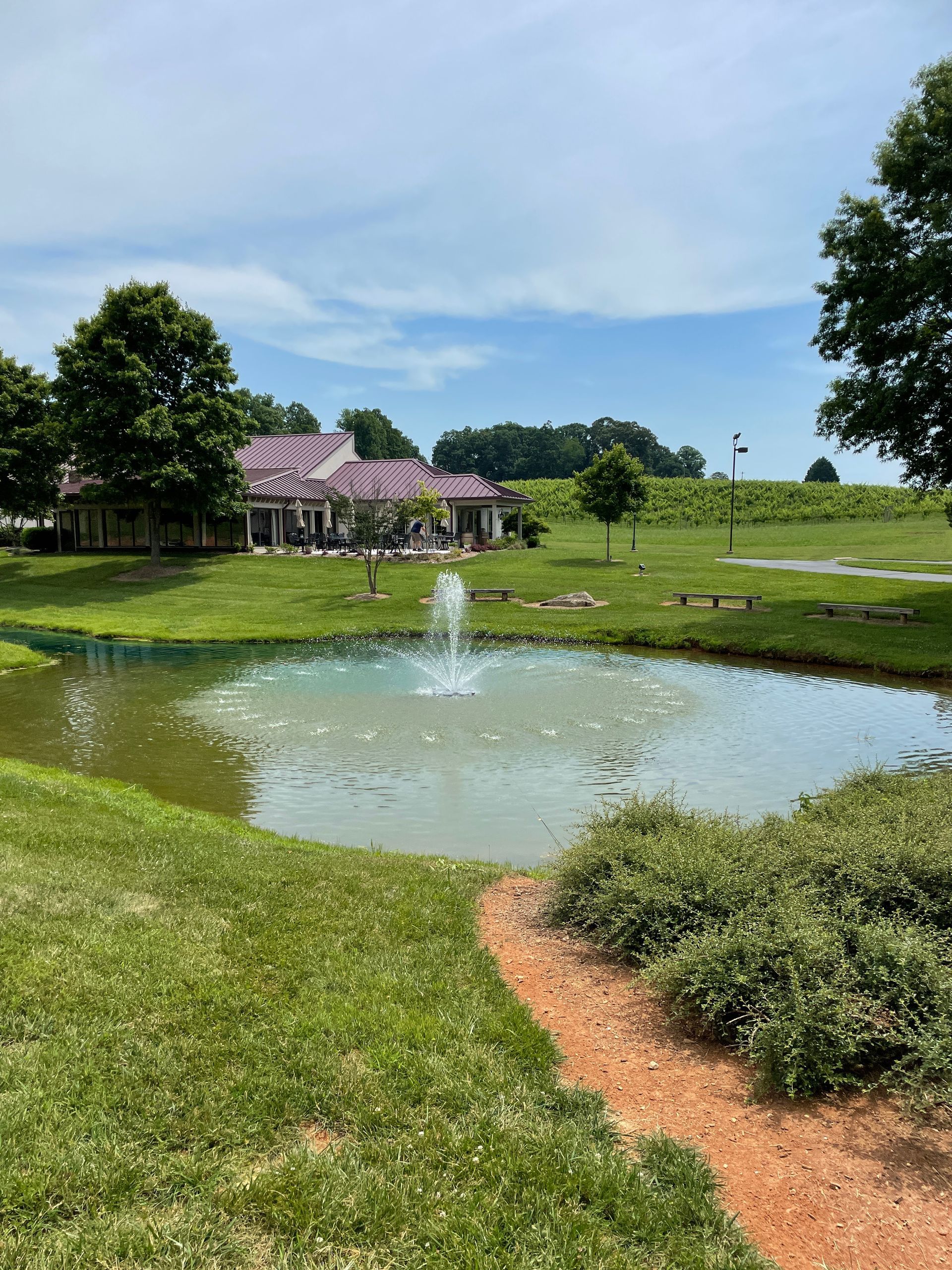 Pond with fountain, green grass, and building in background under blue sky.