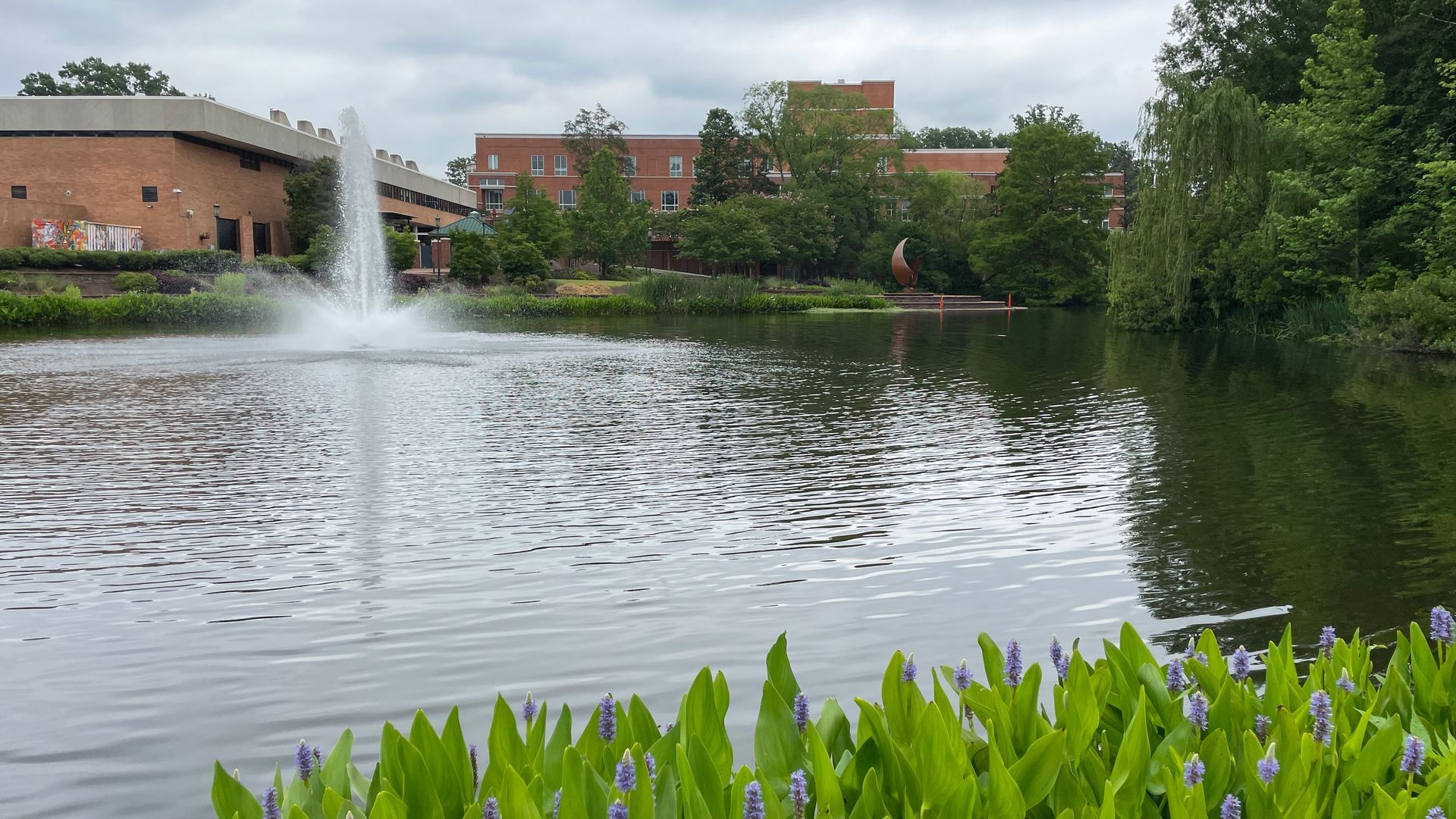 Pond with fountain in front of buildings, green plants, and cloudy sky.