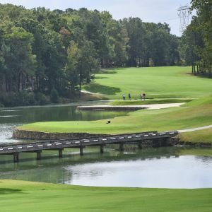 Golf course with bridge, water, green grass, and trees; golfers in the distance on a sunny day.