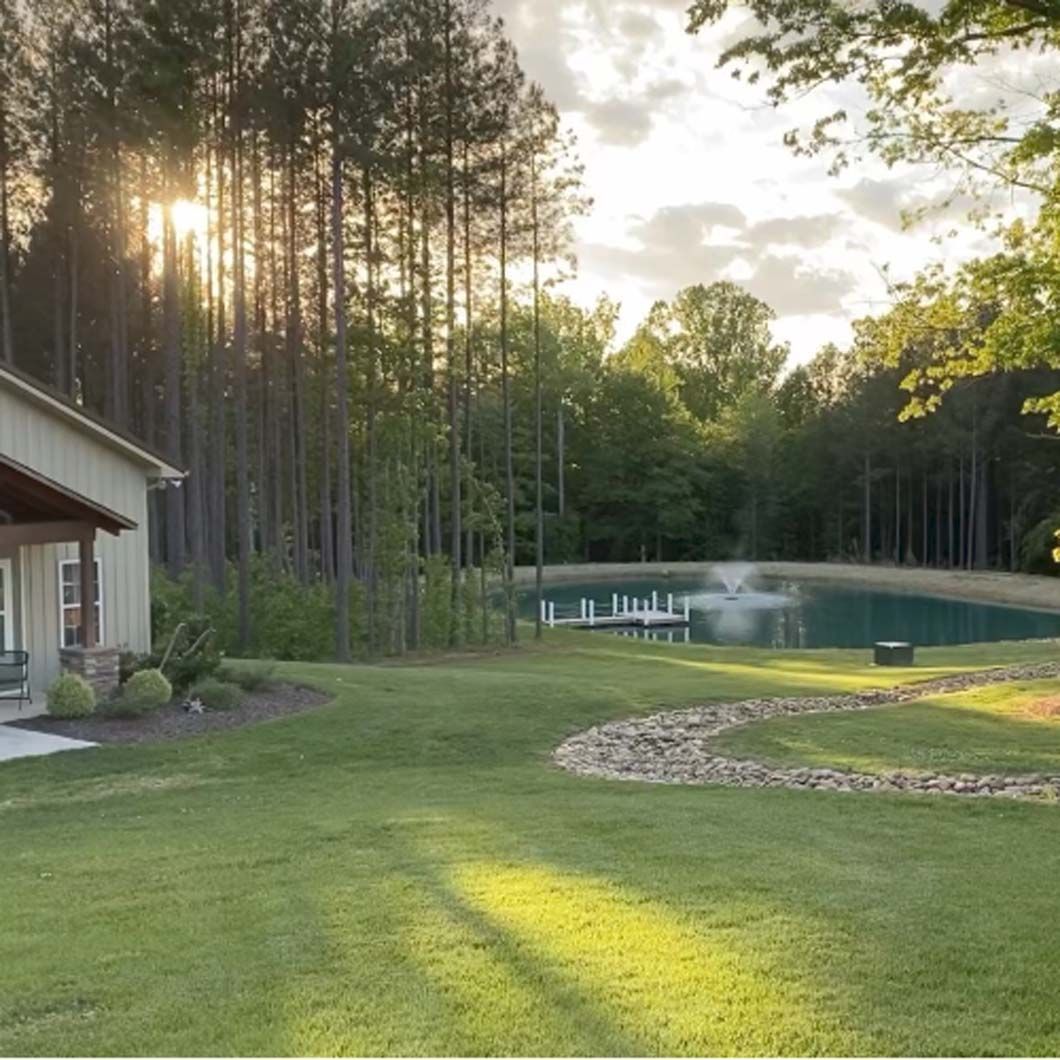 Lush green lawn leads to a pond with fountain, surrounded by trees. The sun shines through the trees, near a building.