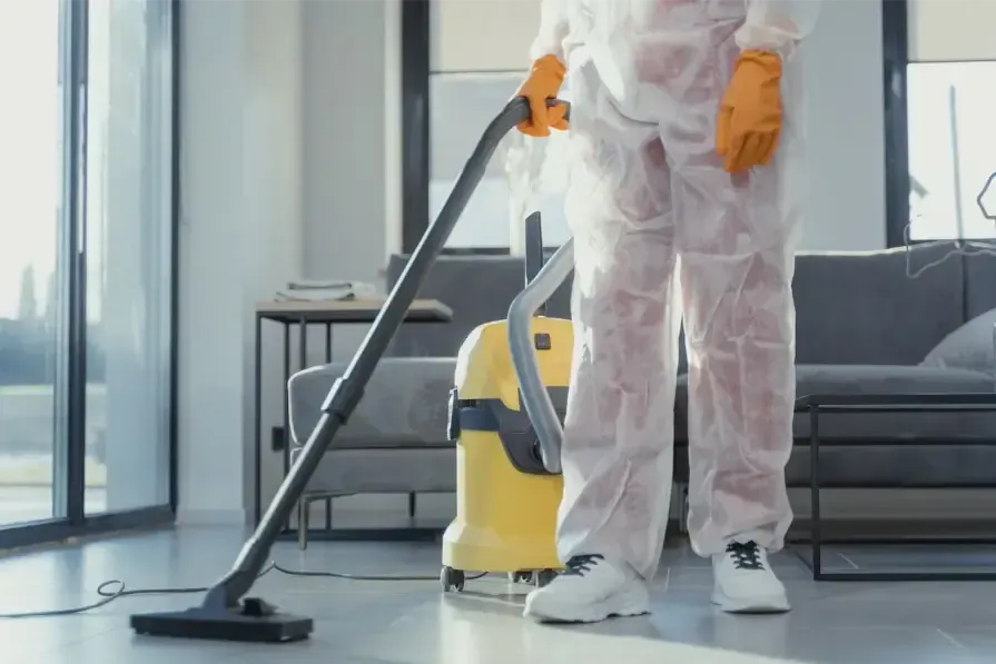 Professional commercial cleaner vacuuming a modern office in Louisville.
