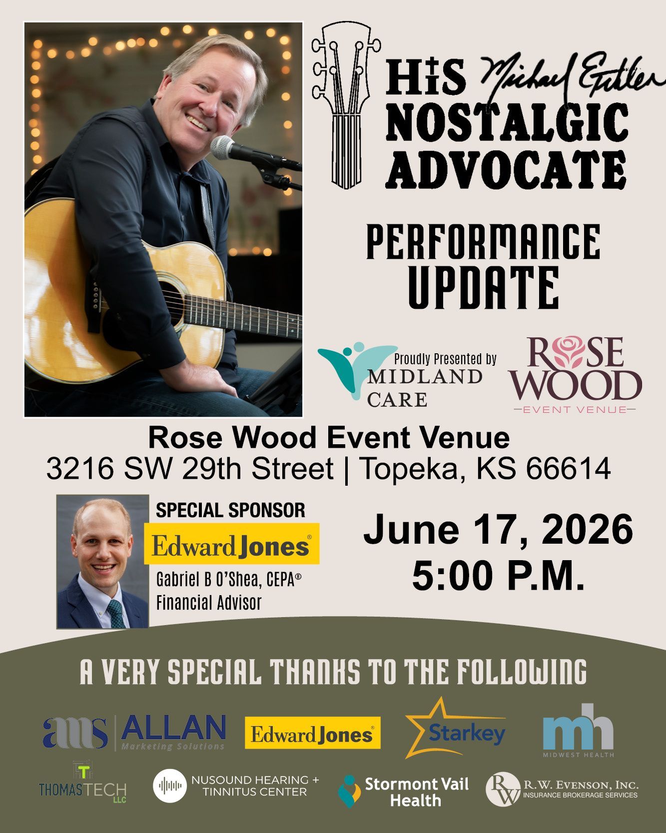 Performance update poster for Michael Elder at Rose Wood Event Venue, June 17, 2026, 5:00 p.m.