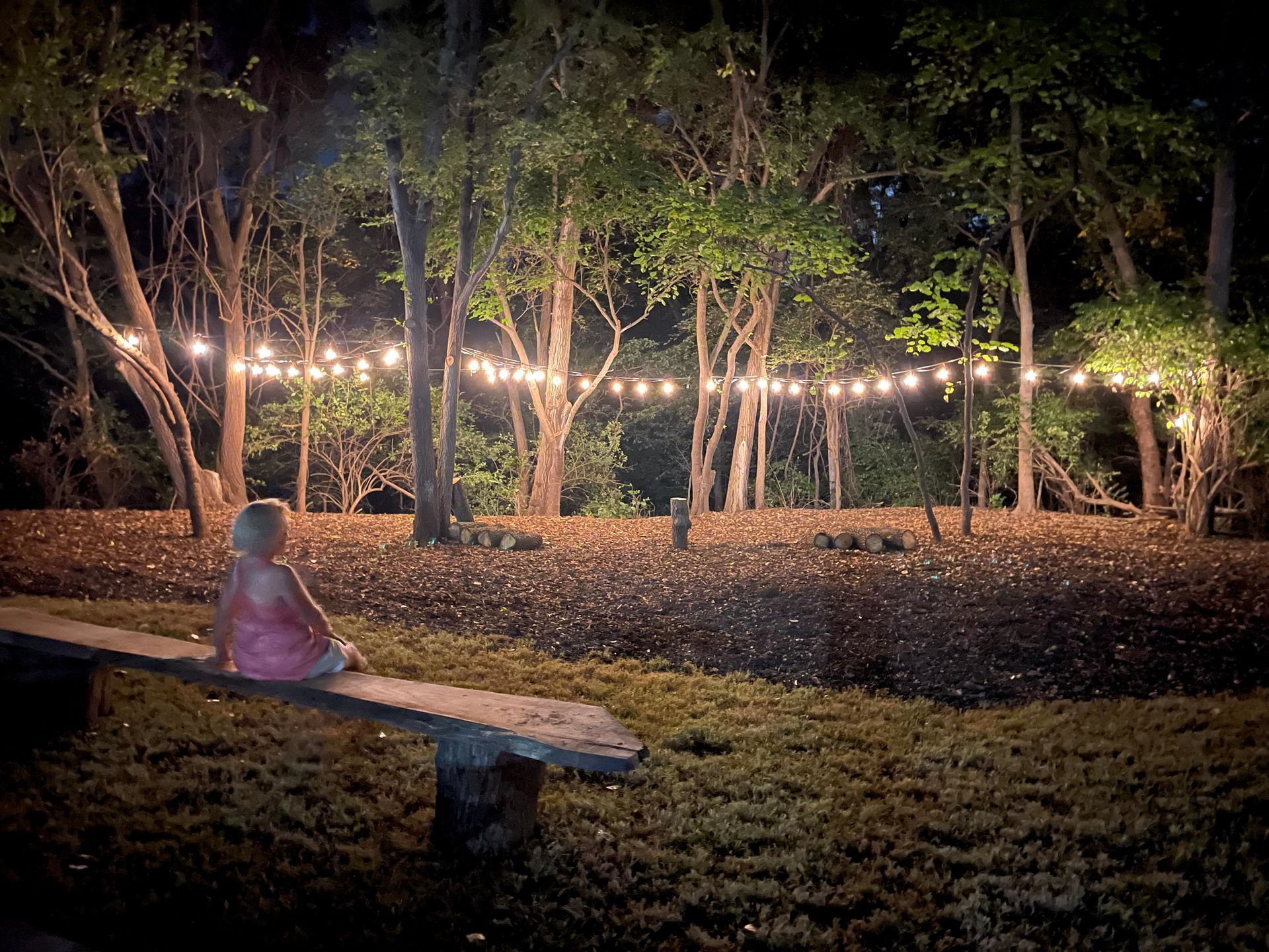 Child on a bench looks at string lights in a wooded area at night.