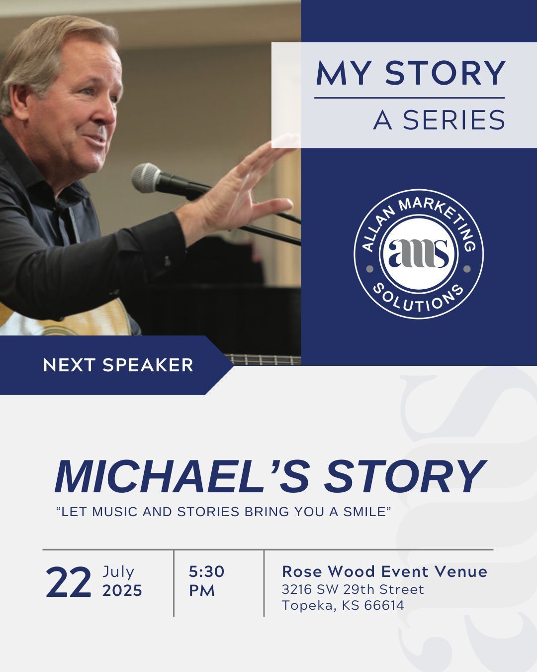 A man is speaking into a microphone on a poster for michael 's story