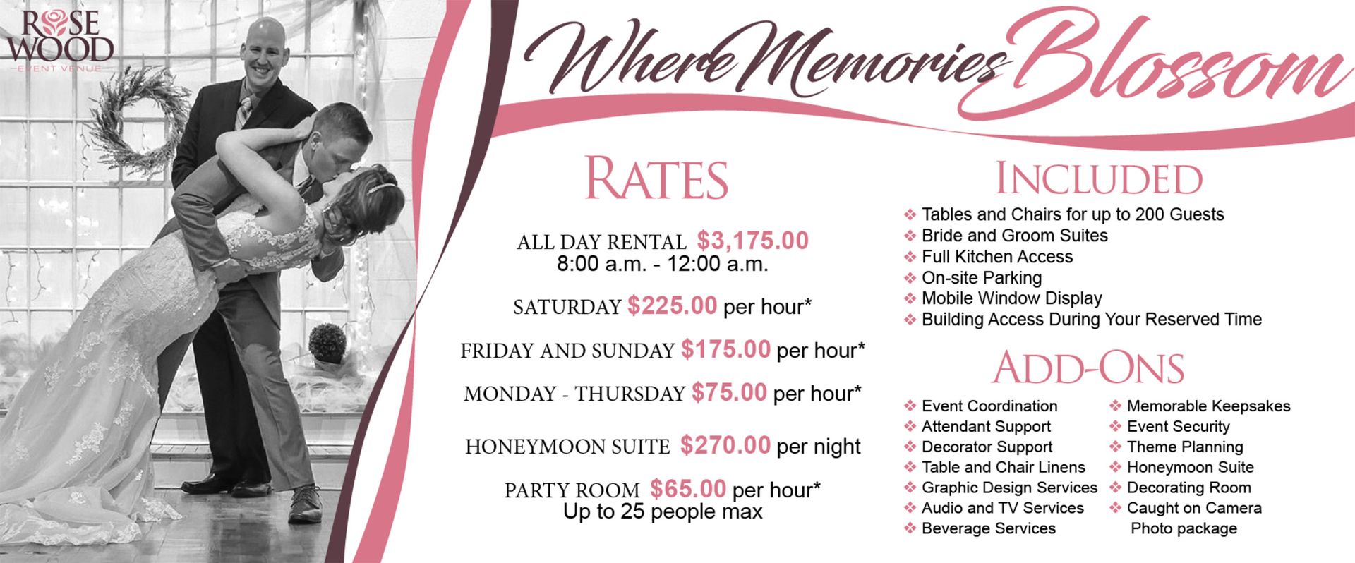 Wedding rates flyer with black-and-white couple photo and pink floral accents, listing packages and add-ons