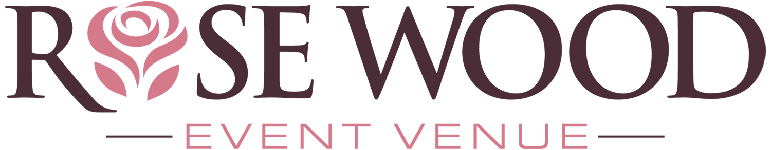 Logo for Rosewood Event Venue, with the name displayed in dark burgundy and a rose icon in pink. 