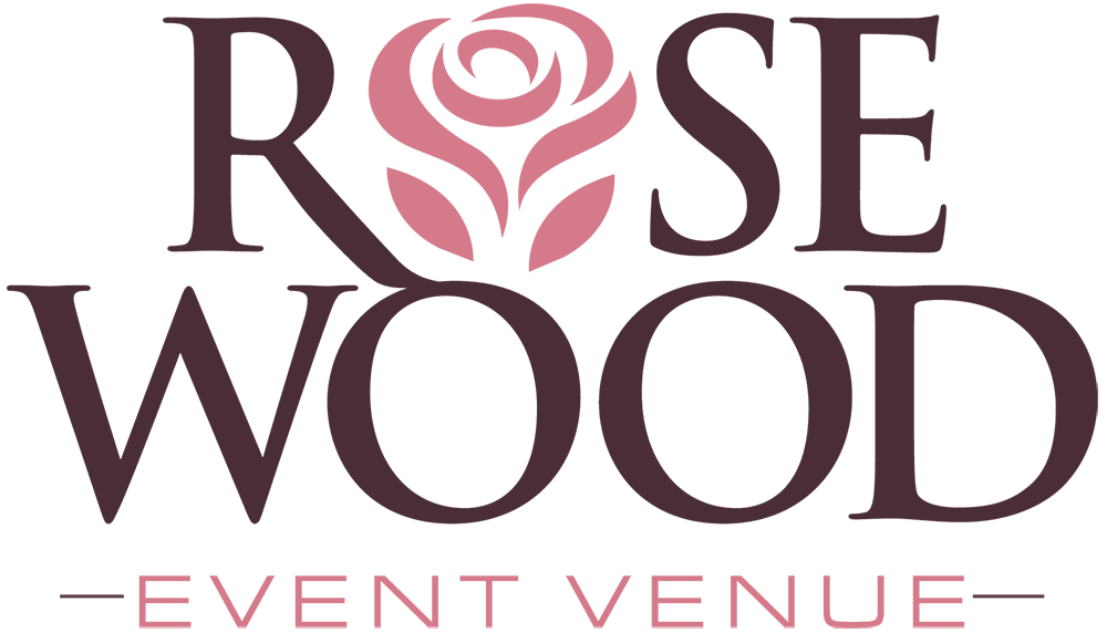 Rosewood Event Venue logo: roof shape above a rose icon, with 