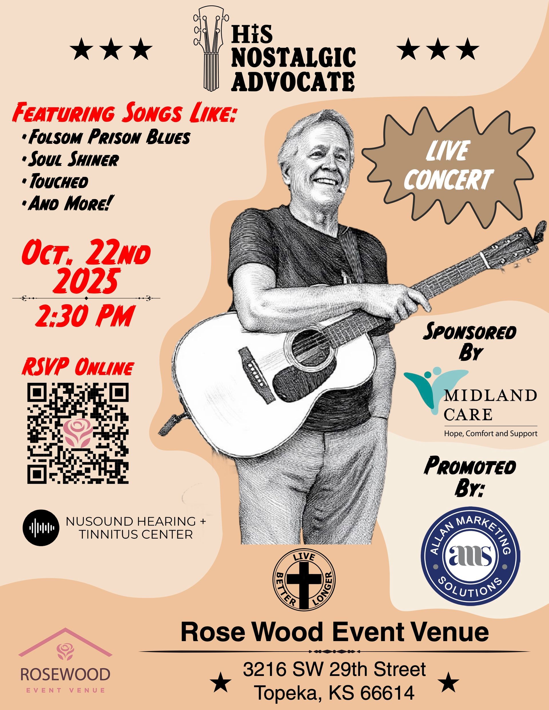 Concert flyer: Older man with guitar, 