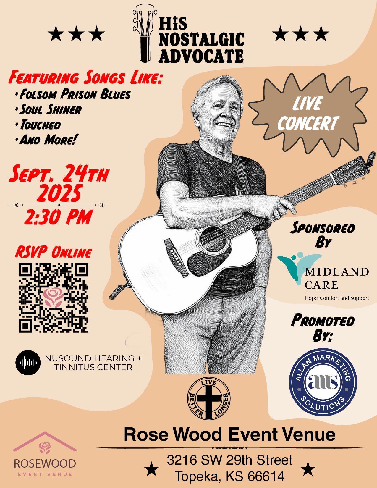 Concert poster: Man with guitar at Rose Wood Event Venue, Topeka, KS, on Sept. 24th, 2025.