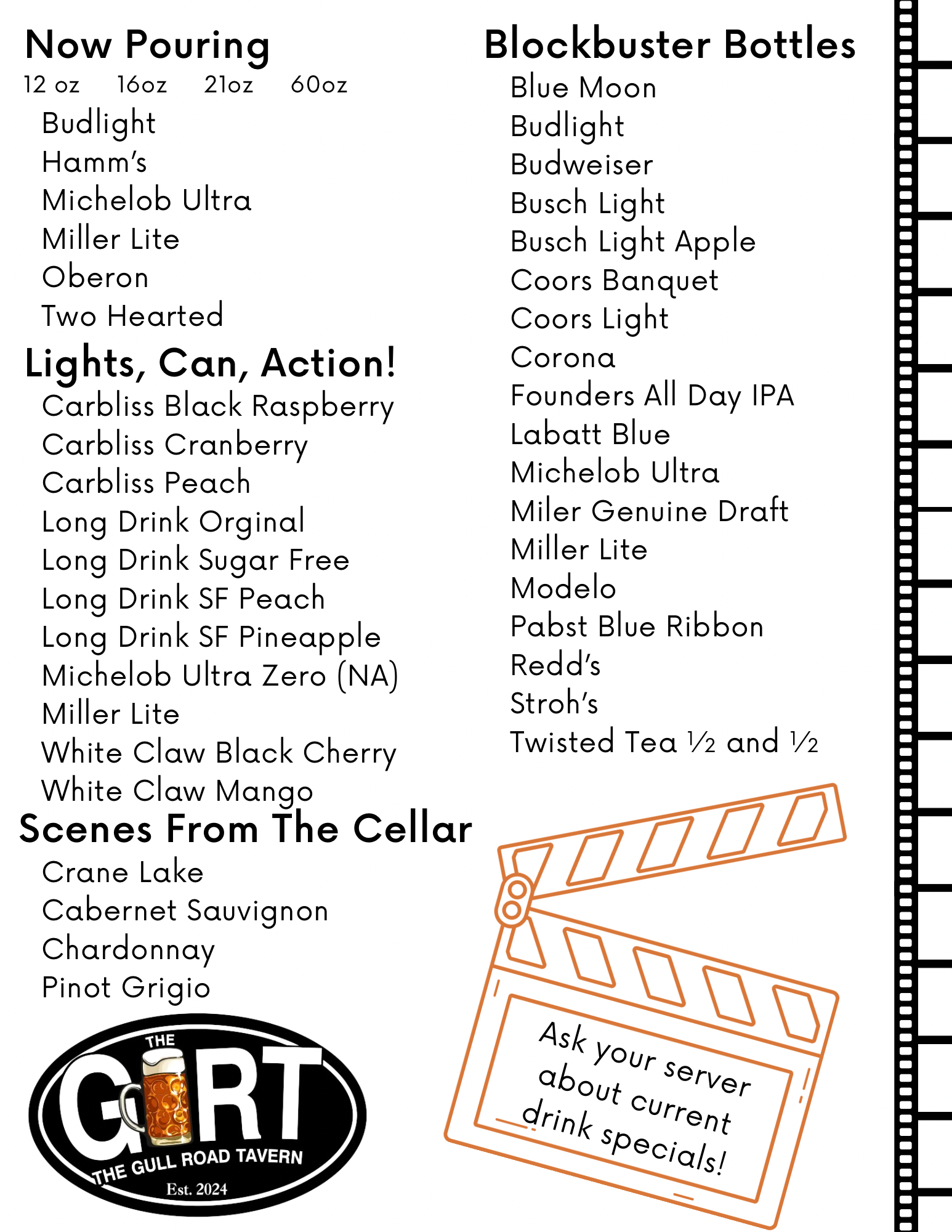Beer and drink menu from a bar: Bud Light, Corona, wine, and other beverages.