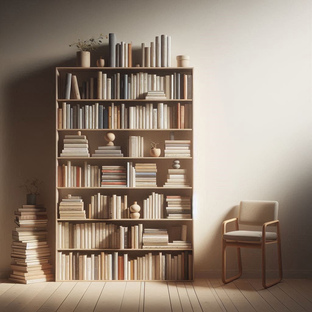 Tall wooden bookshelf filled with books, a stack of books on the floor, and a chair in a sunlit room.