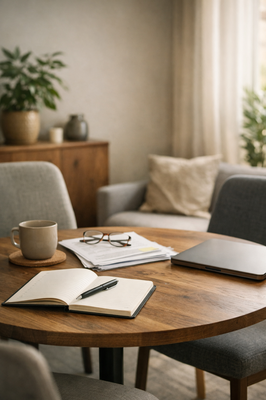 Wooden table with notebook, pen, coffee, glasses, and laptop in a room with a sofa and chairs.