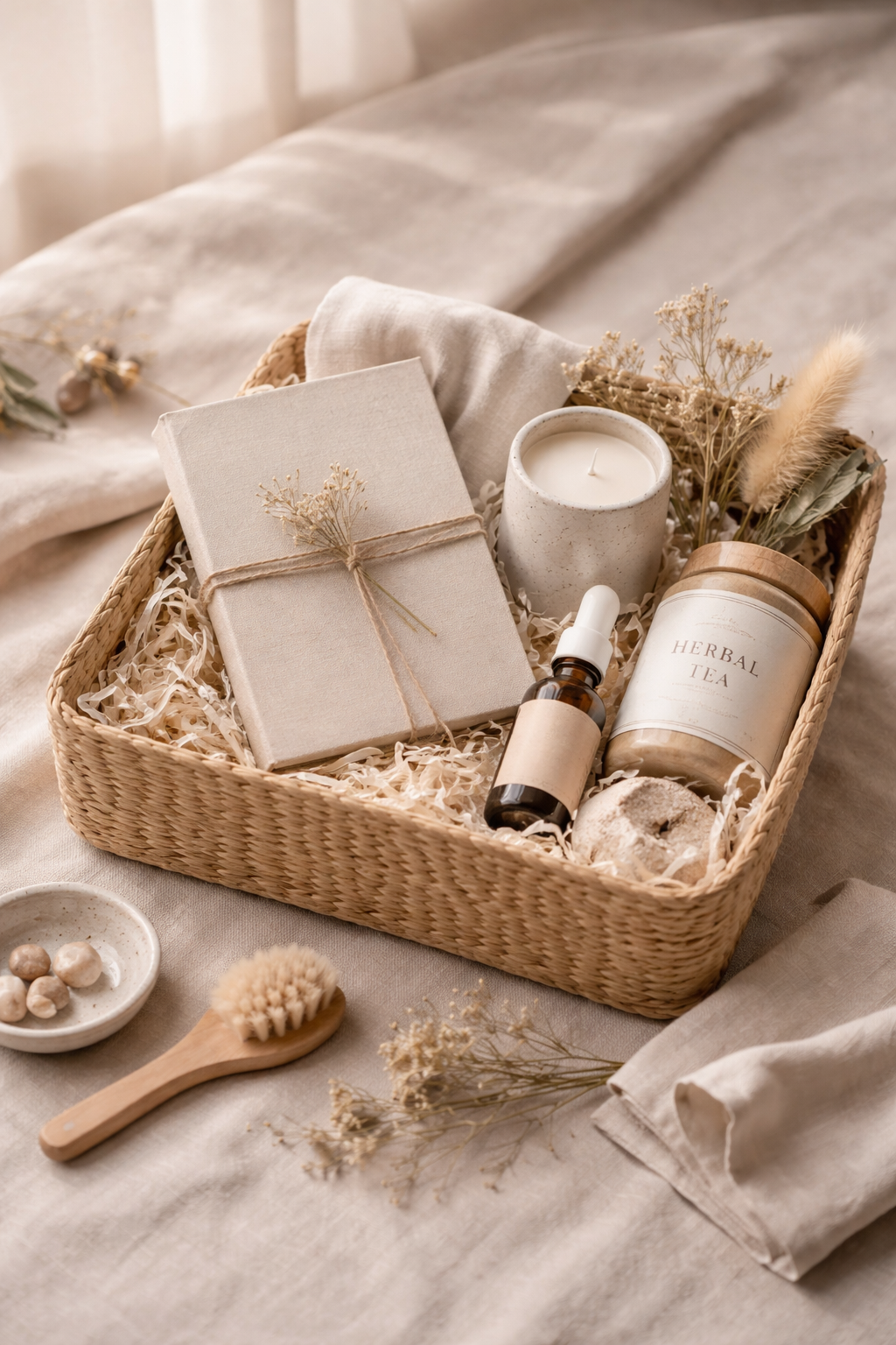 NURU Curation Gift basket with self-care items, including candle, book, oil, brush, and bath salts.