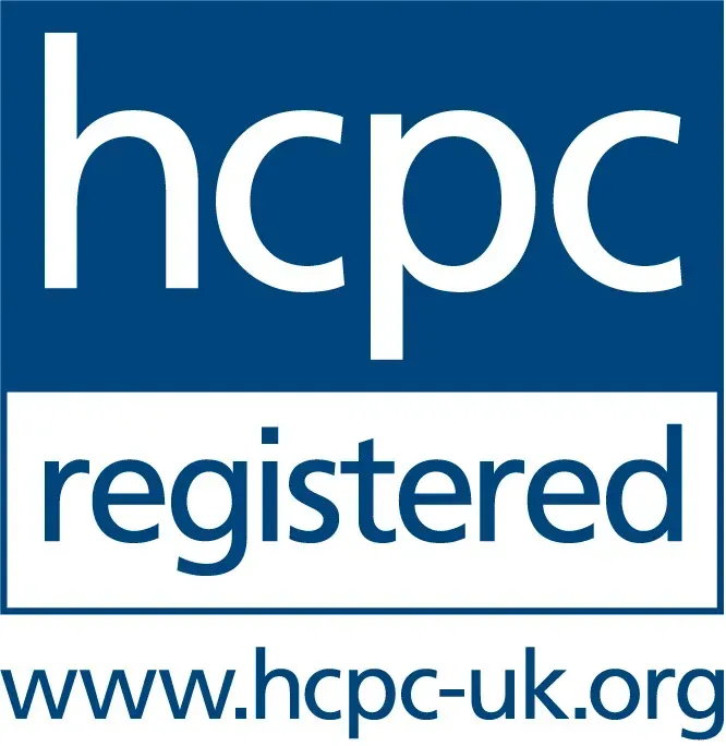 HCPC registered logo. White text on blue and white background, with website address at the bottom.
