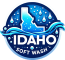 A logo for idaho soft wash with a map of idaho in the middle