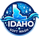 A logo for idaho soft wash with a map of idaho in the middle