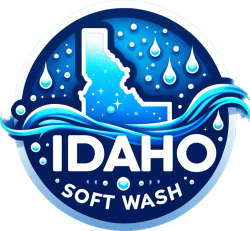 A logo for idaho soft wash with a map of idaho in the middle