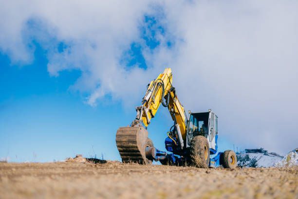 Excavator with a yellow arm and blue body on a dirt field under a cloudy sky.