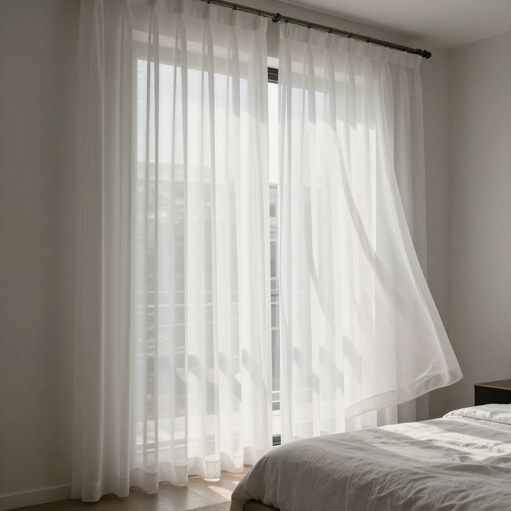 Des rideaux blancs transparents flottent devant une fenêtre, un lit est au premier plan, baigné d'une vive lumière naturelle.