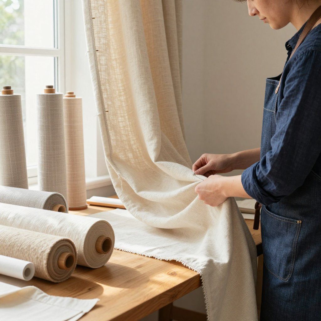Une femme en tablier de jean dispose des rouleaux de tissu sur une table en bois près d'une fenêtre.