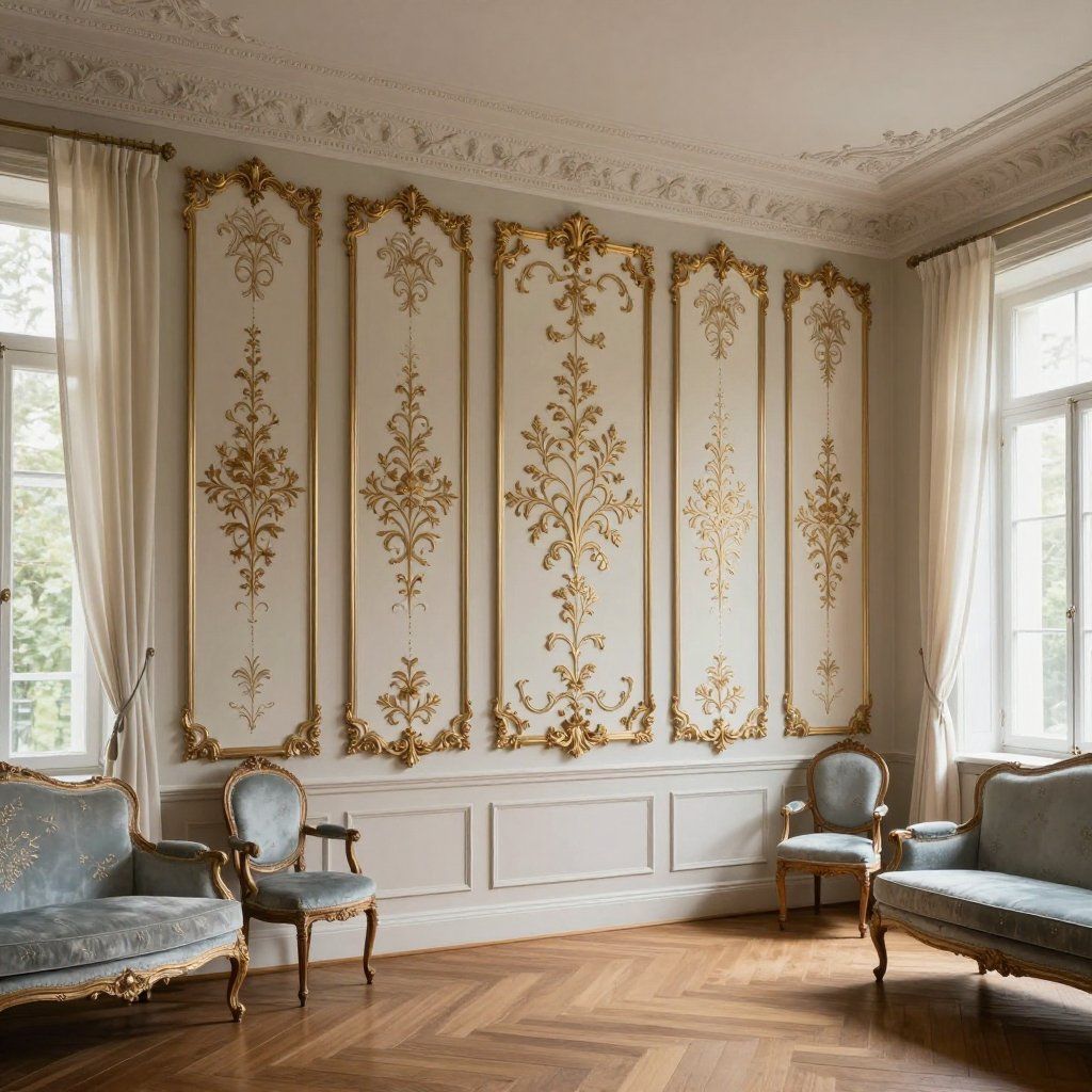 Chambre élégante avec des panneaux muraux dorés ornementés, des meubles bleu clair et de grandes fenêtres.
