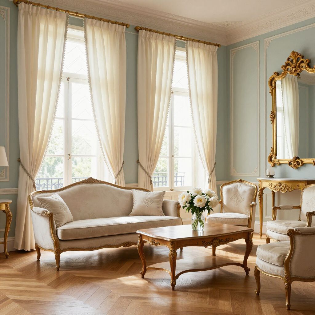 Salon élégant avec canapé, fauteuils et rideaux couleur crème, touches dorées et murs bleu pâle.