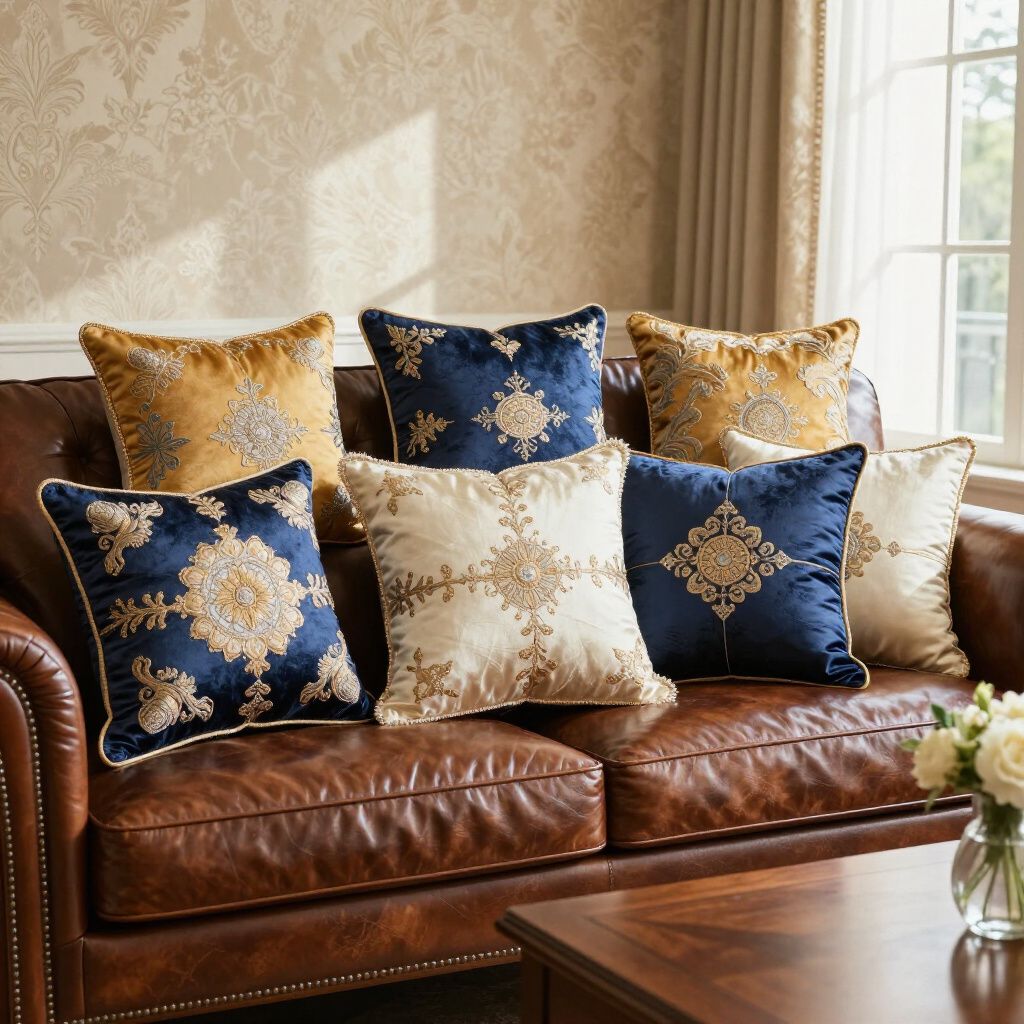 Canapé en cuir avec coussins brodés dorés, crème et bleu marine.