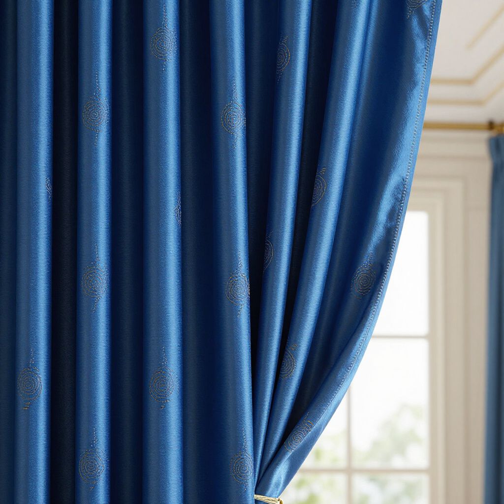 Rideau bleu orné de subtils détails pailletés, suspendu près d'une fenêtre.