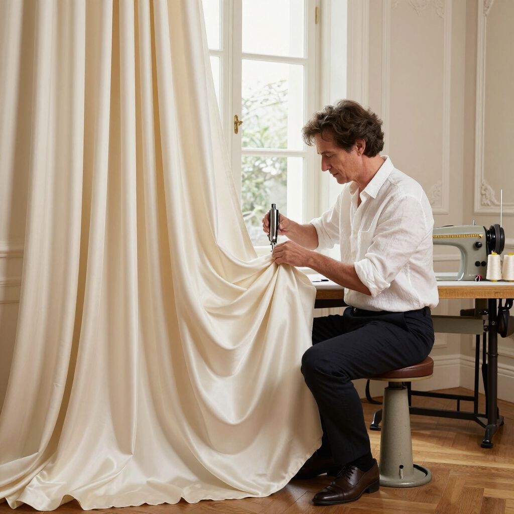 Un homme assis coupe avec des ciseaux un tissu de rideaux couleur crème près d'une fenêtre ; une machine à coudre est visible en arrière-plan.