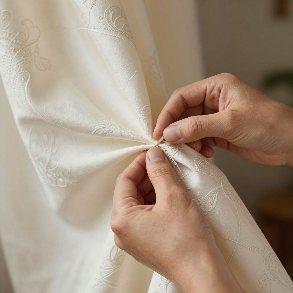 Des mains tiennent et pincent un morceau de tissu de rideau couleur crème, peut-être en train de le coudre ou de l'ajuster.