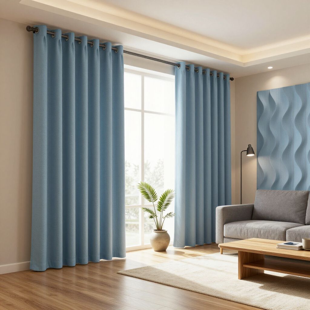 Des rideaux bleus encadrent une fenêtre dans un salon où se trouvent un canapé, un tapis et un panneau mural décoratif.